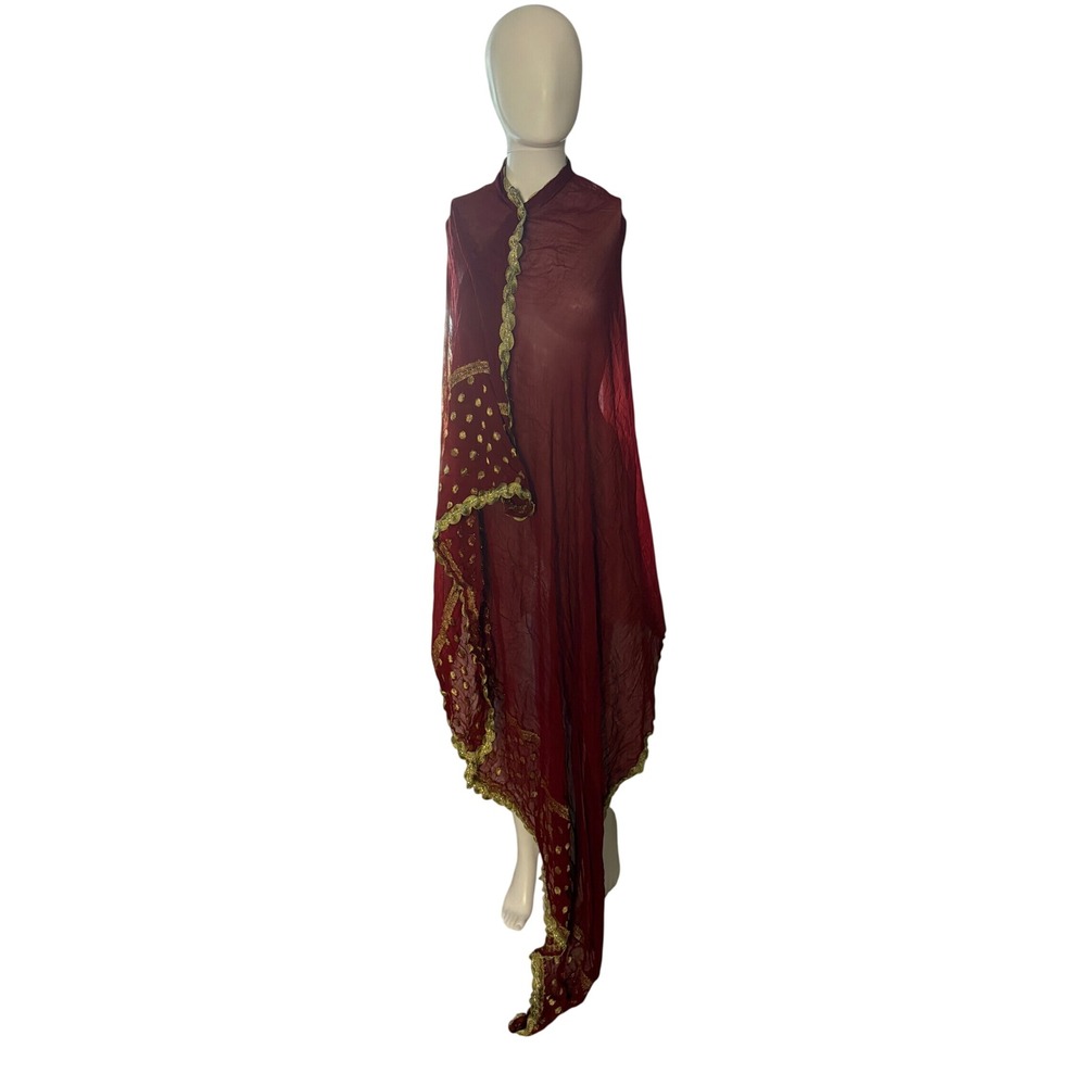 Burgundy Gold Embroidered Dupatta Scarf Scalloped Lace Trim Indian Ethnic Wrap